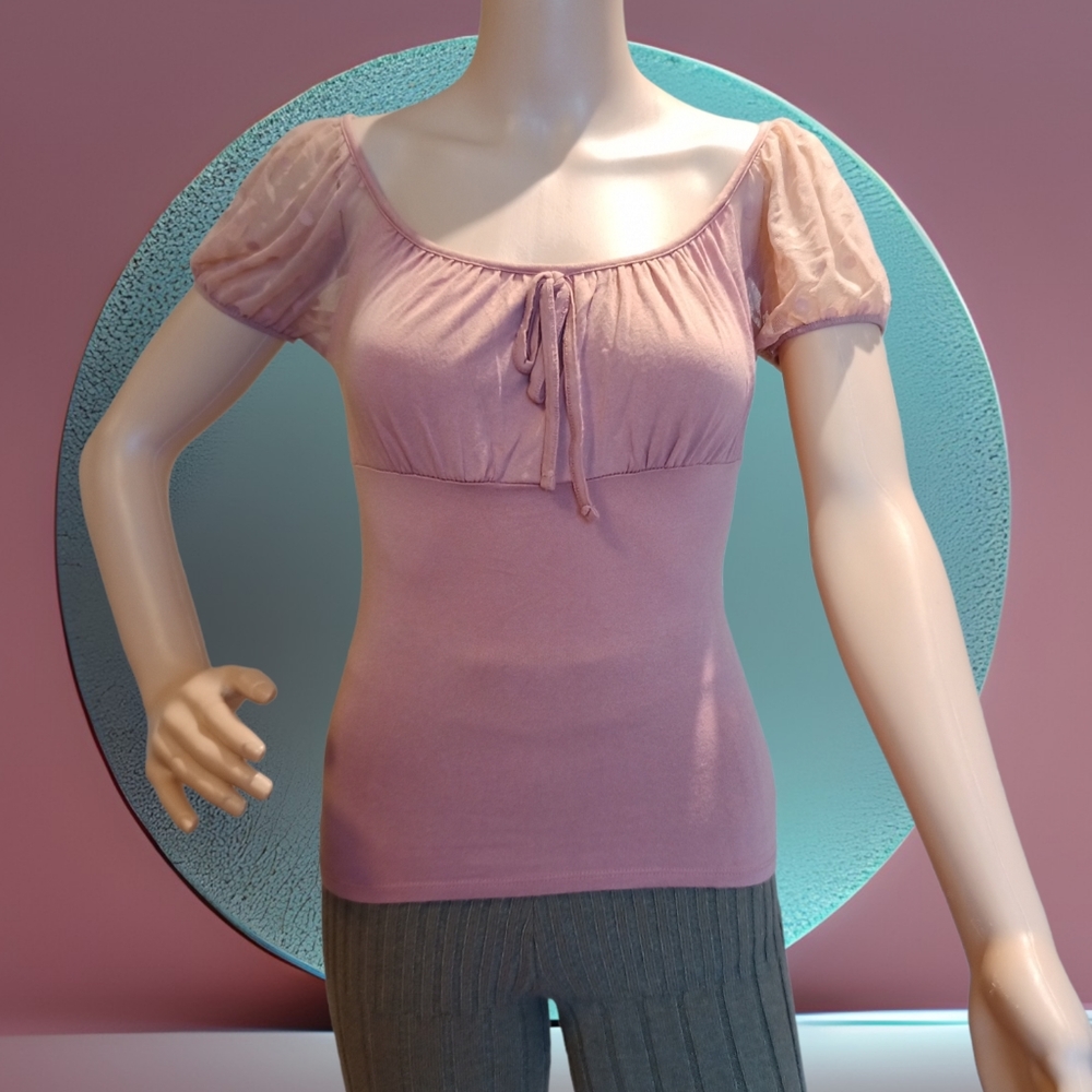 U2B Women's Puff Polkadot Mesh Peasant Blouse High Stretch